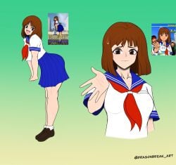1girls 2025 ass big_ass breasts brown_eyes brown_hair clothed clothing dragonbreaker female female_only green_background hourglass_figure janken_game_acchi_muite_hoi! light-skinned_female light_skin medium_breasts open_mouth reference_image school_uniform schoolgirl short_hair skirt solo solo_female sweatdrop tomomi_(janken_game_acchi_muite_hoi!)