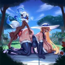 1boy 1girls 2d ai_generated all_fours animal_genitalia animal_penis areola areolae ass balls big_ass big_balls big_breasts big_butt big_cock big_penis big_testicles big_thighs bigger_female blonde_hair blue_eyes breasts bubble_butt cleavage cock doggy_style dress elbow_gloves female foxes_inn fur_trim gigantic_balls gigantic_breasts gigantic_cock gigantic_penis gigantic_testicles gloves hat height_difference high_heels hikari_(foxes_inn) huge_ass huge_balls huge_breasts huge_butt huge_cock huge_testicles knot knotted_penis large_areolae large_ass large_balls large_breasts large_butt large_cock large_penis large_testicles large_thighs larger_female long_hair male male/female massive_balls massive_breasts massive_cock massive_penis massive_testicles nipples open_mouth original original_character original_characters outdoors penis puffy_nipples sex sex_from_behind shorter_male size_difference small_but_hung smaller_male stomach_bulge straight sun_hat tail taller_female testicles thick_ass thick_butt thick_cock thick_penis thick_thighs thighhighs thighs tree vaginal_penetration white_hair