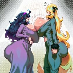 2d 2girls @_@ ahoge ai_generated alternate_breast_size ass asymmetrical_docking big_ass big_breasts big_butt big_thighs blonde_hair breast_press breasts bubble_butt cynthia_(pokemon) dress female female_only foxes_inn from_side game_freak gigantic_breasts grin hair_ornament hair_over_one_eye hairband height_difference hex_maniac hex_maniac_(pokemon_xy) huge_ass huge_breasts huge_butt huge_thighs large_ass large_breasts large_butt large_thighs long_hair long_sleeves looking_at_another massive_ass massive_breasts massive_butt messy_hair multiple_girls nintendo pants pokemon pokemon_dppt pokemon_xy purple_dress purple_eyes purple_hair purple_hairband smile thick_ass thick_butt thick_thighs thighs very_long_hair yuri