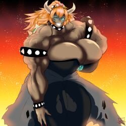 abs biceps blonde_hair bowsette breasts dotintheparadox dress female horns mario_(series) muscles muscular muscular_arms muscular_female muscular_legs muscular_thighs nintendo pecs spikes