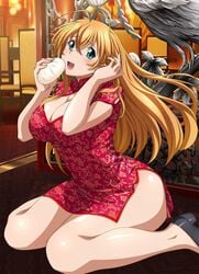 antenna_hair baozi black_heels blonde_hair breasts china_dress chinese_clothes chinese_dress cleavage curvy dress dumpling eating female food green_eyes heels high_heels hips ikkitousen indoors inside kneeling large_ass large_breasts long_hair open_mouth solo sonsaku_hakufu statue tagme thick_thighs thighs tongue wide_hips