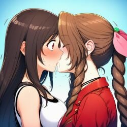 2girls aerith_gainsborough ai_generated arm_at_side bare_shoulders big_breasts black_hair blue_background blush braid braided_ponytail breast_press breasts brown_hair cleavage closed_eyes couple duo embarrassed embarrassed_female eyebrows_visible_through_hair eyes_visible_through_hair female/female female_only final_fantasy final_fantasy_vii final_fantasy_vii_remake friends girlsareawesome hair_ribbon jacket kissing light_blue_background long_hair looking_at_another love multiple_females multiple_girls mutual_yuri neck pink_ribbon ponytail red_eyes red_jacket ribbon romantic romantic_couple saliva saliva_trail shy sidelocks square_enix standing straight_hair surprised sweat sweating tank_top tied_hair tifa_lockhart trembling upper_body white_tank_top yuri