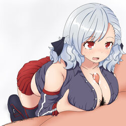 1boy 1girls absurdres bare_shoulders blush breasts cleavage collarbone cum cum_on_breasts detached_sleeves female girls'_frontline hair_ornament kneeling large_breasts male_pubic_hair miniskirt open_mouth paizuri penis physisyoon pubic_hair red_eyes shirt silver_hair simple_background skirt solo_focus spas-12_(girls'_frontline) straight thighhighs uncensored white_background white_hair