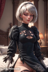 solo mole dress cleavage_cutout pussy hairband clothing_cutout closed_eyes black_hairband short_hair breasts black_dress white_hair thighhighs sitting gloves no_panties mole_under_mouth medium_breasts blurry_background nose bed puffy_sleeves parted_lips feather-trimmed_sleeves blurry long_sleeves side_slit no_blindfold indoors patreon_username artist_name on_bed black_thighhighs cleavage facing_viewer lips juliet_sleeves 2b_(nier:automata) progenarts hi_res ai_generated yorha_2b nier_(series) nier_replicant nier:_automata 1girls female_human