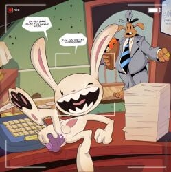 artist_name caught_in_the_act clowndevil comic dialogue dildo hi_res max_(sam_and_max) penis sam_(sam_and_max) sam_and_max white_body wink