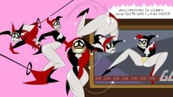 1girls ass batman_(series) blonde_pubic_hair blush bottomless covering covering_crotch covering_self embarrassed embarrassed_nude_female enf fall female female_only hairy_pussy harley_quinn harley_quinn_(classic) jester jester_hat jester_outfit jones_boi jonesbo50034805 legs_apart looking_at_viewer multiple_views nervous_smile news nude nude_female pants_down pants_pull pink_background pubic_hair recording restrained slapstick slipping smile solo solo_female text tied_up white_skin