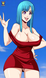 1girls bare_arms bare_shoulders blue_hair blush breasts cleavage clouds curvy dragon_ball dragon_ball_z dress female hips hourglass_figure kyoffie large_breasts maron open_mouth outdoors outside purple_eyes red_dress sky smile solo teeth thick_thighs thighs tongue wide_hips