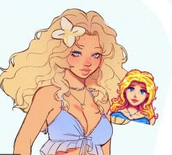 alternate_costume alternate_hairstyle blue_bra blue_eyes blue_eyeshadow body_freckles bra breast_freckles breasts cleavage closed_mouth commentary curly_hair earrings english_commentary eyelashes eyeshadow female film_grain flower forehead freckles frilled_bra frills gyaruish hair_flower hair_ornament hair_over_shoulder haley_(stardew_valley) heart heart_necklace highres hoop_earrings jewelry lace lace-trimmed_bra lace_trim long_hair looking_to_the_side makeup medium_breasts mole mole_on_breast mole_on_cheek mole_on_forehead necklace noisykoala parted_bangs redesign reference_inset shell shell_necklace sketch stardew_valley tan thick_lips underwear upper_body white_background white_flower