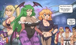... 3boys 4girls ;) abs ahoge angel_(kof) angel_(kof)_(cosplay) animal_hands animal_print archdan ass bandai_namco baseball_cap bat_print bat_wings beauty_mark belt belt_buckle big_breasts black_hair blonde_hair blue_eyes blue_pants breasts capcom chaps christie_monteiro christie_monteiro_(cosplay) cleavage closed_eyes closed_mouth clothing_cutout collarbone commentary cosplay covered_navel crop_top cropped_jacket crossover darkstalkers demon_girl dougi english_commentary english_text eyebrows_visible_through_mask fatal_fury fatal_fury_cap fingerless_gloves gloves green_hair grey_hair hair_over_one_eye hair_up hands_on_own_hips hat head_wings headband heart heart_cutout high_ponytail highleg highleg_leotard highres jacket kazuya_mishima kid_icarus kid_icarus_uprising king_of_fighters king_of_fighters_2001 large_breasts leotard long_hair looking_at_viewer looking_to_the_side low_wings mai_shiranui mario_(series) metroid midriff mishima_kazuya mole mole_under_mouth morrigan_aensland morrigan_aensland_(cosplay) multiple_boys multiple_girls namco navel navel_visible_through_clothes nintendo one_eye_closed palutena panties pants pantyhose parted_lips ponytail princess_peach print_pantyhose purple_pantyhose purple_wings red_eyes red_hat red_headband red_vest ryu_(street_fighter) samus_aran scar scar_on_chest shiranui_mai shirt short_hair sidelocks simple_background smile snk speech_bubble sphere_earrings spoken_ellipsis street_fighter street_fighter_ii street_fighter_ii_(series) super_smash_bros. super_smash_bros._ultimate tekken terry_bogard the_king_of_fighters the_king_of_fighters_2001 topless_male twitter_username underwear vest white_pants white_shirt wings wink winking