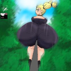 1girls anime anime_girl ass_bigger_than_head ass_focus big_ass big_hips blonde_hair blush chocker dress_inside_ass female female_only flying giant_ass hoequinox jujutsu_kaisen mised momo_nishimiya nishimiya_momo solo tight_clothes tight_clothing trees watermark witch