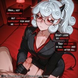 1boy 1girls ai_assisted ai_generated blush blush_lines cleavage curvaceous curvy curvy_figure dialogue eyewear female hand_on_penis helltaker helltaker_(character) looking_down medium_breasts pandemonica_(helltaker) small_penis text text_box text_bubble voluptuous voluptuous_female