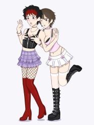 2girls alternative_fashion ambiguous_gender big_breasts bimbofication black_hair black_topwear boob_squish boobs_pressed bra bra_strap bracelet breast_grab breast_press breast_size_difference breast_squeeze breasts breasts_squeezed_together brown_hair choker cleavage cleavage_cutout clothed clothing crossdressing demonia_boots detrans detransition ear_piercing embarrassed embarrassed_female female female_focus female_only femboytrash feminization fishnets forced_feminization grabbing grabbing_from_behind groping groping_breasts leg_up miniskirt original_character original_characters panties_visible piercing piercings pink_topwear pleated_skirt purple_skirt red_boots red_hair self_insert short_hair skin_tight skirt small_breasts snakebite_piercing spiked_bracelet squeezing_breast squeezing_breasts squeezing_breasts_together squished_breasts stockings tboy teasing tomboy tomboy_bimbofication tomboy_feminized tomboys transmasc white_skirt white_stockings wink zipper