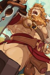 1boy abs afk_(series) afk_journey afk_journey_gay animal_ears bara brutus_(afk) claws english_commentary erection fangs foreskin from_below furry furry_male highres holding holding_sword holding_weapon keidoro_kemono lion_boy lion_ears lion_mane lion_tail looking_at_viewer male_focus muscular muscular_male nipples no_pants open_mouth pectorals penis sweat sword tail testicles weapon