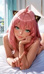 1girls ai_generated anya_forger bed breasts curtains encoder female hair_ornament looking_at_viewer lying lying_on_stomach naked no_panties no_underwear nude nude_female room seductive seductive_look seductive_smile spy_x_family window