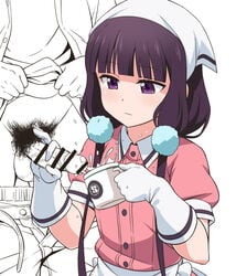 1boy 1girls bar_censor blend_s brown_hair censored closed_mouth cum cum_in_container cum_milking cup ejaculation erection expressionless female gloved_handjob gloves handjob holding light-skinned_female light_skin looking_at_another low_twintails male_pubic_hair mug partially_colored penis penis_milking pubic_hair purple_eyes sakuranomiya_maika stile_uniform straight testicles twintails waitress white_gloves youkan