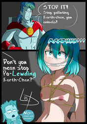 aqua_eyes blue_hair blue_skin bound breasts captain_planet captain_planet_and_the_planeteers cloth_gag crossover crying crying_with_eyes_open earth-chan gagged green_hair rope rope_between_breasts rope_bondage speech_bubble tears text thelustyomni-blade