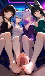 4girls ai_generated castorice_(honkai:_star_rail) chisa_(wuthering_waves) crossover feet feetjob foot foot_fetish footjob ganyu_(genshin_impact) genshin_impact honkai:_star_rail hoshimi_miyabi impacter looking_at_viewer looking_down looking_down_at_viewer mouth_closed multiple_girls neon_lights pov pov_footjob pov_male smiling smiling_at_viewer wuthering_waves zenless_zone_zero