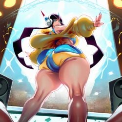 1girls 2d ai_generated ass back big_ass big_breasts big_butt black_hair blue_eyes blue_nails blunt_bangs breasts elesa_(pokemon) female female_only foxes_inn from_behind from_below headphones huge_ass huge_breasts jacket kneepits large_ass large_breasts large_butt large_thighs long_hair looking_at_viewer looking_back looking_back_at_viewer nail_polish pokemon shorts solo solo_female speaker stage stage_lights thick_ass thick_butt thick_thighs thighs yellow_jacket