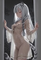 ai_generated animal_ear_fluff animal_ears atla_fayon black_hair blunt_bangs bushes cat_ears cat_tail civitai closed_eyes czero2011 lace_clothing long_hair long_sleeves navel_visible_through_clothes night night_sky nightgown pale_skin perky_breasts perky_nipples shear_clothing silhouetted_body skinny small_breasts solo_female standing tate_no_yuusha_no_nariagari the_rising_of_the_shield_hero translucent_clothing twin_braids two_toned_hair white_hair white_tiger_girl window