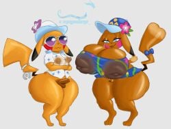 absurd_res andromorph anthro ass big_breasts big_butt blue_eyes bottomless bottomless_female bottomless_male breasts clitoris clothed clothing eyewear female foreskin game_freak generation_1_pokemon genitals gynomorph hat headgear headwear hi_res huge_breasts huge_butt hyper hyper_breasts hyper_butt intersex kazepika-kun male male/female mega_slime mr._windychu ms._wavychu namipika-chan nintendo nipples penis pikachu pokemon pokemon_(species) pokemon_ww simple_background sunglasses tail thick_thighs translucent translucent_clothing vulva wide_hips yellow_body