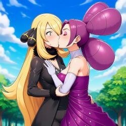 2girls age_difference ai_generated back bare_back bare_shoulders big_breasts black_dress black_hair_ornament blonde_female blonde_hair blush cleavage closed_eyes cloud couple cynthia_(pokemon) dress duo elbow_gloves eyeshadow fantina_(pokemon) female/female female_only fur-trimmed_dress fur_trim game_freak girlsareawesome gloves grey_eyes grey_gloves gym_leader hair_ornament hair_over_one_eye hugging kissing long_hair long_sleeves looking_at_another love makeup medium_breasts medium_hair multiple_females multiple_girls mutual_yuri nintendo outdoors pink_eyeshadow pokemon pokemon_(anime) pokemon_(game) pokemon_champion pokemon_dppt purple_dress purple_hair romantic romantic_couple sky standing straight_hair strapless strapless_dress surprised sweat sweatdrop tied_hair tree very_long_hair yuri
