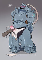 1boy alphonse_elric armor bara bebebebebe blush cum erection fullmetal_alchemist handjob kneeling male male_focus male_only penis_grab restrained solo_focus sweat