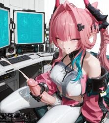 absurd_res absurdres ai_generated arknights arknights_endfield bare_shoulders belt black_gloves blue_eyes blue_hair blush breasts chair clothing covered_nipples crop_top cum cum_on_penis detached_sleeves ejaculation erect_nipples_under_clothes erection female futanari futanari_masturbation gloves grin hair_intakes hair_ornament horns indoors intersex jacket keyboard_(computer) large_breasts large_penis long_hair long_sleeves masturbation midriff monitor multicolored_hair niraniri off_shoulder pants penis penis_out pink_hair pink_jacket pointy_ears ponytail projectile_cum see-through semen sitting smile solo solo_futa streaked_hair swivel_chair teeth testicles white_pants yvonne_(arknights:_endfield)