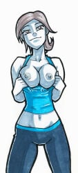 maximaldraws 1girls wii_fit wii_fit_trainer wii_fit_trainer_(female) 1girl nipples solo midriff colored_skin tank_top navel breasts crop_top breasts_out female large_breasts grey_eyes short_hair pants spandex clothes_pull blue_skin capri_pants white_skin clothes_writing grey_hair no_bra shirt_pull smile groin lowleg marker_(medium) traditional_media looking_at_viewer brown_hair lowleg_pants dark_nipples pulled_by_self shirt medium_breasts bare_shoulders cleavage simple_background flipped_hair