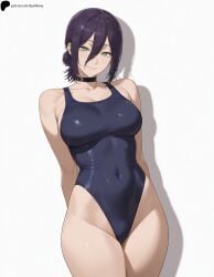 1girls ai_generated arms_behind_back bangs bare_shoulders black_choker blue_one-piece_swimsuit breasts chainsaw_man choker closed_mouth collarbone covered_navel female green_eyes hair_between_eyes hair_tie hi_res high_quality high_resolution highres light lips looking_at_viewer nose one-piece_swimsuit opal_nemy patreon_logo patreon_url patreon_username plain_background purple_hair reze_(chainsaw_man) school_swimsuit self_upload shadow shiny shiny_clothes shiny_hair shiny_skin simple_background smile solo standing swimsuit thick_thighs thighs watermark white_background