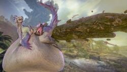 3d_(artwork) belly big_belly bird_wyvern blender_(artwork) blue_body blue_feathers blurred_background bone bones_in_feces capcom digital_media_(artwork) disposal excessive_feces feathered_chest feathered_wings feathers feces feral hi_res horn hyper hyper_feces hyper_scat kenresek looking_back monster_hunter oral_vore purple_body purple_feathers saddle saddle_bag scat seikret solo tail vore watermark widescreen wings