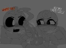 1girls 2boys 8-ball animal_genitalia anthro anthro_on_feral big_genitalia blushcrunch_studio canid canine_genitalia canine_penis cub dandy's_world dandys_world deadtoons english_text female female/male/male female_focus feral glistening_genitalia gourdy_(dandy's_world) grabbing_penis gray_background handjob knotted_penis male male/male/female male_focus male_pov pageeeeeeee pebble_(dandy's_world) pov roblox toodles_(dandy's_world) young young_anthro younger_female younger_male zoophilia
