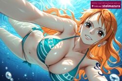 1girls ai_assisted ai_generated air_bubble bangs bikini breasts brown_eyes bubble cleavage collarbone earrings female female_only jewelry large_breasts long_hair looking_at_viewer nami_(one_piece) navel one_piece orange_eyes orange_hair parted_lips shoulder_tattoo side-tie_bikini_bottom smile solo stelmazura stomach sunlight swimming swimsuit tattoo underwater water