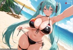 _long_hair ai_generated alternate_breast_size aqua_eyes aqua_hair arm_up armpits bare_shoulders beach beach_umbrella bikini black_bikini black_choker blue_sky blush breasts choker cleavage closed_mouth cloud collarbone day dutch_angle female front-tie_top hatsune_miku huge_breasts large_breasts long_hair looking_at_viewer meitabuu navel ocean outdoors outstretched_arm sand selfie side-tie_bikini_bottom sideboob skindentation sky smile solo stomach swimsuit thigh_strap twintails umbrella underboob vocaloid water wet