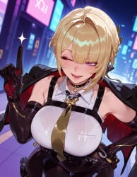 1girl clothing female breasts one_eye_closed purple_eyes blonde_hair solo gloves large_breasts bangs shirt smile choker black_choker jacket necktie open_mouth collared_shirt pants elbow_gloves white_shirt holster black_gloves mole blush short_hair sleeveless bare_shoulders black_pants sleeveless_shirt mole_under_eye chest_harness harness hand_on_own_hip index_finger_raised hair_ornament black_jacket thighs weapon handcuffs tight_clothes bra_visible_through_clothes thigh_holster pantyhose holstered jacket_on_shoulders night 1girls ai_generated voluptuous_female voluptuous curvaceous curvaceous_figure curvaceous_female curvy curvy_figure female_focus balecxi evelyn_chevalier zenless_zone_zero