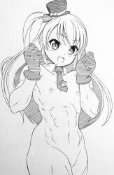 1girls female_pecs fit fit_female four_pack gloves gomiyarout highres hokuto_(tokuho) long_hair naked nude pecs short_girl tagme tagme_(character) ties top_hat