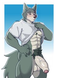 2026 abs anthro artist_name balls barazoku beastars big_balls big_penis biped blush bodily_fluids bottomless bottomless_anthro bottomless_male breath canid canine canis clothed clothing clothing_lift colored darolion fingers foreskin front_view fur genitals glans gradient_background grey_body grey_fur half-closed_eyes half-erect hand_on_hip hi_res humanoid_genitalia humanoid_hands humanoid_penis legoshi_(beastars) male mammal muscular muscular_anthro muscular_male narrowed_eyes penis portrait pubes shaded shirt shirt_lift simple_background solo standing sweat sweatdrop sweaty_face tail text three-quarter_portrait topwear vein veiny_penis white_clothing white_shirt white_topwear wolf