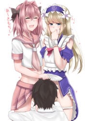 3boys astolfo_(fate) blonde_hair blue_eyes chevalier_d'eon_(fate) closed_eyes crossdressing fate/apocrypha fate/grand_order fate_(series) fellatio femboy femboy_on_male femboydom fujimaru_ritsuka_(male) girly hair_grab implied_fellatio josou_seme kitajima_yuuki long_hair male male_only male_sucking_femboy multiple_boys oral panties panties_around_leg pink_hair serafuku skirt skirt_lift tagme trap yaoi