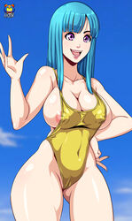 1girls areola bare_arms between_labia blue_hair blush breasts canonical_scene cleavage clouds curvy dragon_ball dragon_ball_z female happy hips hourglass_figure innie_pussy kyoffie large_breasts long_blue_hair long_hair maron navel nipple_bulge nipple_slip nipples one-piece_swimsuit open_mouth outdoors outside purple_eyes sky smile solo stomach swimsuit teeth thick_thighs thighs tongue wide_hips yellow_one-piece_swimsuit yellow_swimsuit