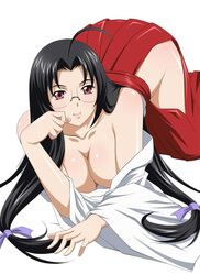 ass bare_arms bare_shoulders bent_over black_hair breasts cleavage curvy female glasses huge_ass ikkitousen kaku_bunwa large_breasts long_hair red_eyes simple_background solo tagme thick_thighs thighs very_long_hair white_background wide_hips