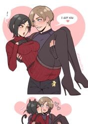 ! 1boy 1girls ada_wong ada_wong_(adriana) black_hair blue_eyes blush brown_eyes brown_hair capcom carrying carrying_partner cat_ears cat_tail dangerousbride dialogue english_text female heart high_heel_boots kiss_on_cheek kissing leon_scott_kennedy male red_lipstick resident_evil resident_evil_4 resident_evil_4_remake speech_bubble very_high_resolution wholesome