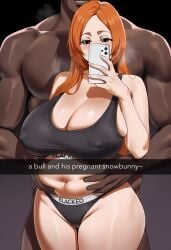 1boy 1girls ai_generated belly_button belly_grab big_breasts blacked blacked_clothing bleach caption cheating dark-skinned_male dark_skin english english_text generic_dark-skinned-muscular_male grabbing_belly himeno huge_breasts inoue_orihime interracial light-skinned_female muscular_male netorare orange_hair phone pregnant selfie snowbunny thick_thighs voluptuous wide_hips