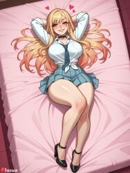 large_breasts thighs juswa ai_generated thick_thighs large_ass huge_breasts huge_ass boobs thicc cute 1girl kitagawa_marin blonde_hair solo skirt breasts necktie lying high_heels long_hair school_uniform on_back smile shirt black_footwear tied_shirt white_shirt looking_at_viewer heart choker pleated_skirt full_body red_eyes blush multicolored_hair piercing arms_behind_head jewelry black_choker blue_skirt on_bed bangs patreon_username earrings grin collared_shirt blue_necktie ear_piercing legs bed