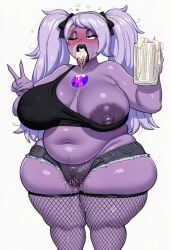 ai_generated amethyst_(steven_universe) bbw belly booty_shorts cum cum_bubble cum_glass cum_string cum_trail denim_shorts drinking_cum fishnets hairy_pussy heels nose_bubble novelai peace_sign steven_universe thick_thighs twintails wet_pussy