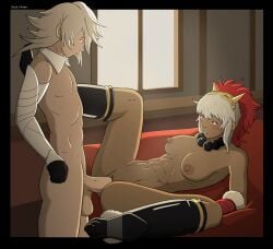 1boy 1girls corrin_(fire_emblem) corrin_(fire_emblem)_(male) dark_skin female fire_emblem heels high_heels interracial latex latex_clothing laying_back male male/female missionary_position penetration pussy rinkah_(fire_emblem) sex skimpy sock_vivian straight_sex vagina vaginal_penetration vaginal_sex