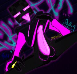 4_fingers angle_view black_body black_skin enderman enderman_(minecraft) floating_head glowing_eyes glowing_genitalia glowing_penis gold_jewelry gold_rings graffiti graffiti_on_wall hoodie hoodie_lift hoodie_only looking_down looking_down_at_viewer looking_from_below minecraft minecraft_mob original_character pink_eyes pink_penis pink_tongue sticking_out_tongue