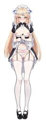 absurdres alternate_costume apron apron_lift ass_visible_through_thighs black_dress black_shoes blonde_hair blue_eyes blush bra bra_pull breasts capelet cartethyia_(wuthering_waves) cleavage closed_mouth clothes_lift clothes_pull clothing_aside crown_of_thorns dress dress_lift earrings elf enmaided female frilled_apron frilled_capelet frilled_headwear frilled_sleeves frills full_body garter_belt garter_straps hair_spread_out hands_up highres holding_apron incredibly_absurdres jewelry loafers long_hair looking_down maid maid_headdress medium_breasts navel nipples panties panties_aside pointy_ears presenting pubic_tattoo pussy_juice see-through_clothes see-through_panties shoes shy simple_background sleeve_cuffs solo suspenders sweat tacet_mark_(wuthering_waves) tattoo thighhighs thighs uncle_dash underwear very_long_hair white_apron white_background white_panties white_thighhighs wuthering_waves