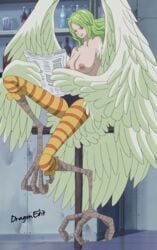 areolae avian bottle breasts donquixote_pirates dragonedit erect_nipples female female_only green_hair harpybar highres long_hair monet_(one_piece) monster_girl newspaper nipples nude nude_filter one_piece photoshop reading screencap sitting solo stitched toei_animation wings yellow_eyes