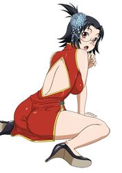 ass back bare_arms bare_legs bare_shoulders black_hair black_heels blush brown_eyes china_dress chinese_clothes chinese_dress embarrassed female glasses heels high_heels ikkitousen kneeling looking_at_viewer looking_back open_mouth rikuson_hakugen_(ikkitousen) simple_background solo tagme thick_thighs thighs tongue white_background