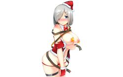 anthro aqua_eyes blush breast_hold breasts christmas christmas_outfit garter gray_hair hamakaze_(kantai_collection) hat kantai_collection nipples panties panty_pull photoshop pubic_hair pussy_juice ribbons santa_hat underwear white_background yuna_(spn28u79)