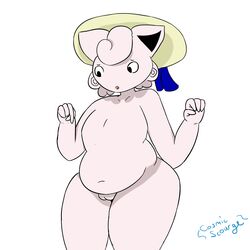 2018 anthro concern cosmicscourge female humor jigglypuff joke looking_down nintendo pokemon pokemon_(species) pussy simple_background slightly_chubby solo thick_thighs tiddypuff video_games wide_hips